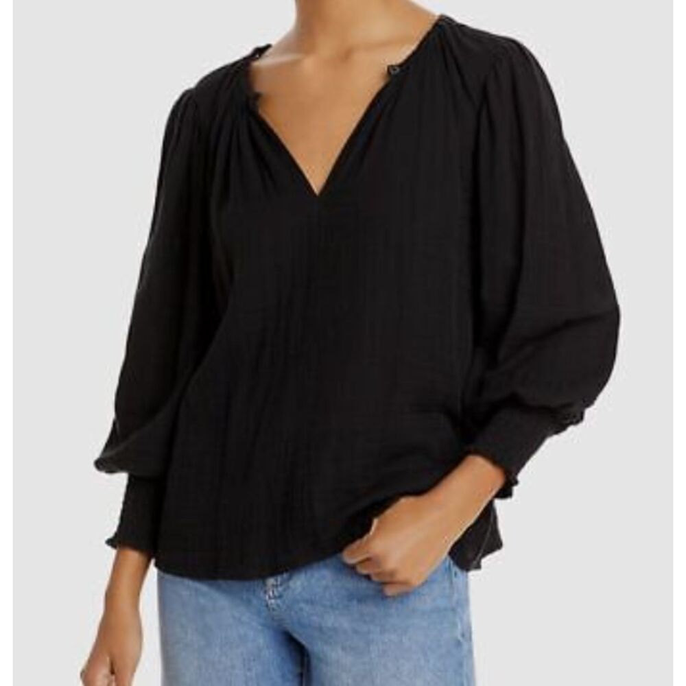 Velvet Long Sleeve V-Neck Blouse Top Black Petite